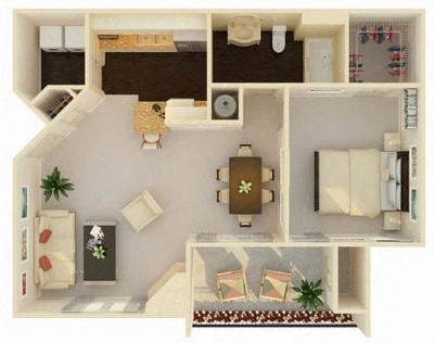 Floor plan for 1 bed, 1 bath, 742 sqft